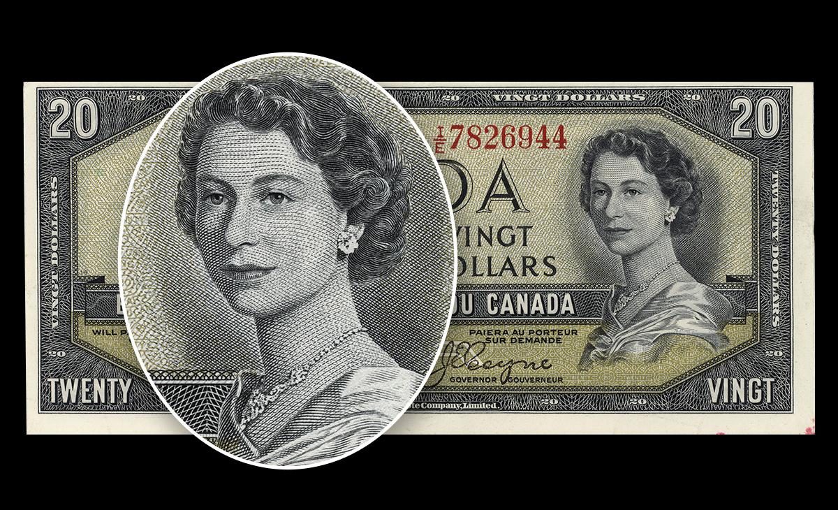 Gravure de billet de banque représentant une jeune femme au premier plan d’un billet de 20 dollars vert orné de la même image.