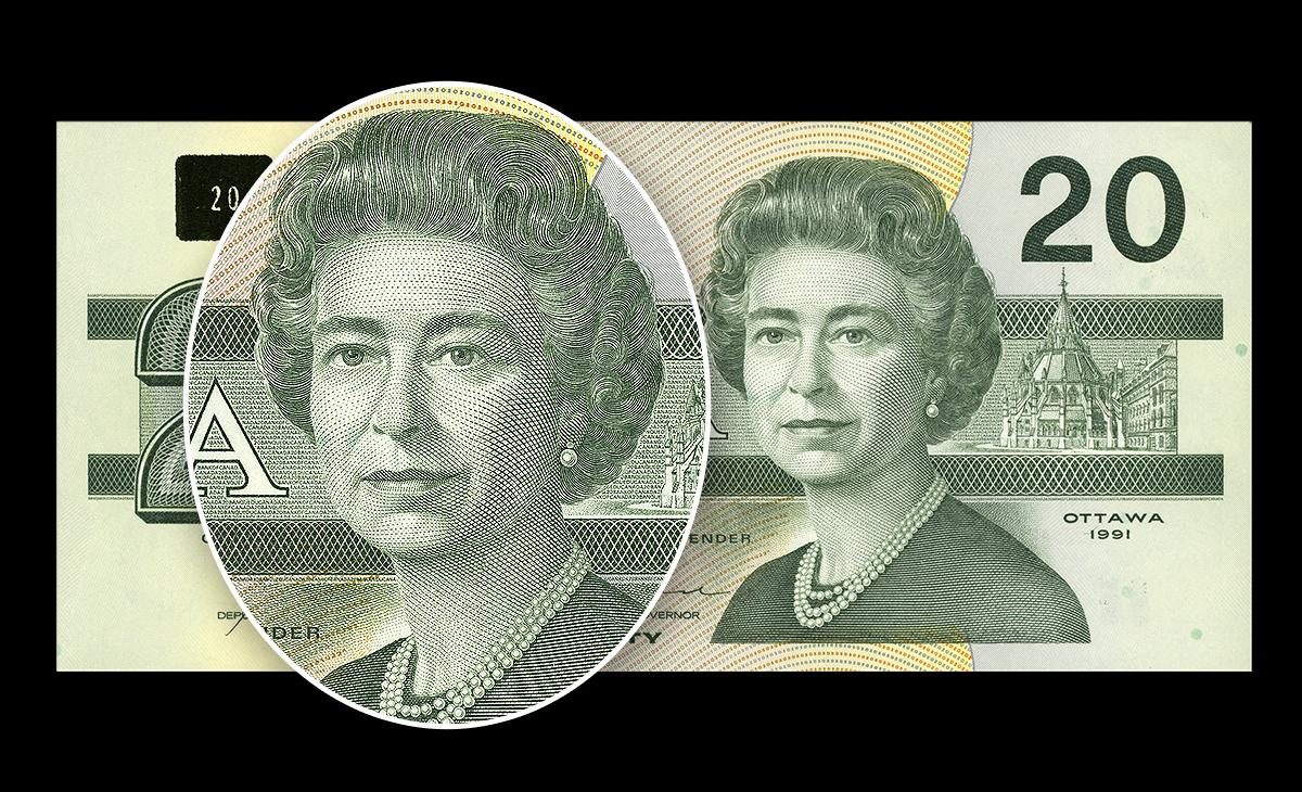 Bank note engraving of a woman in late middle age in front of a green $20 bill featuring the same image.