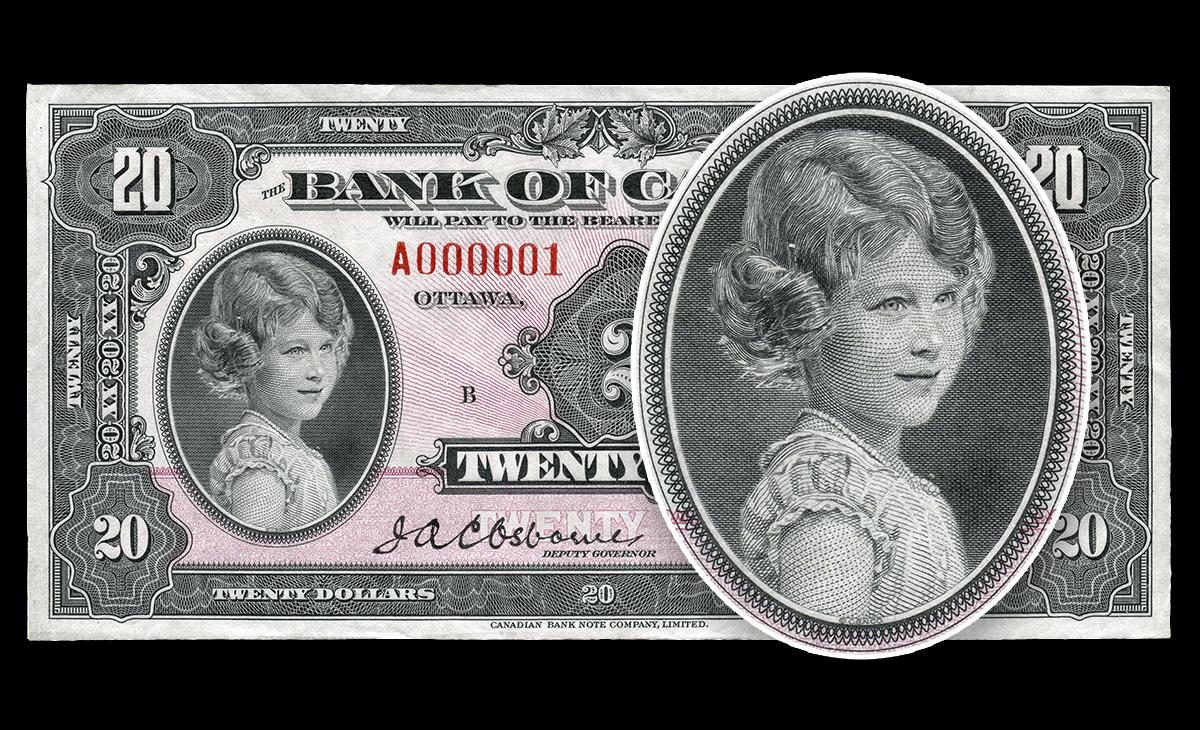 Gravure de billet de banque représentant une fillette au premier plan d’un billet de 20 dollars rose orné de la même image.