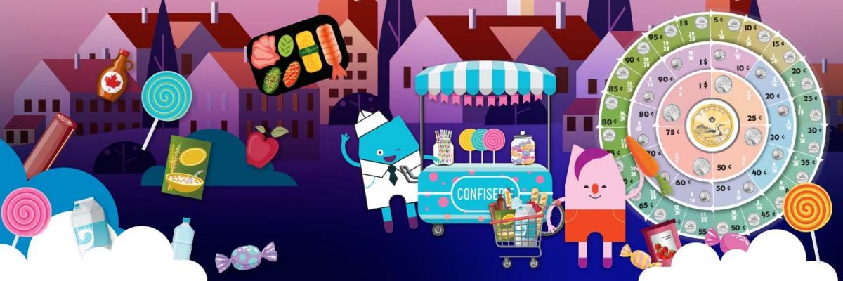 Collage composé d’un personnage illustré, d’aliments, d’un panier d’épicerie, d’une roue avec des images de pièces de monnaie et d’un kiosque à bonbons.
