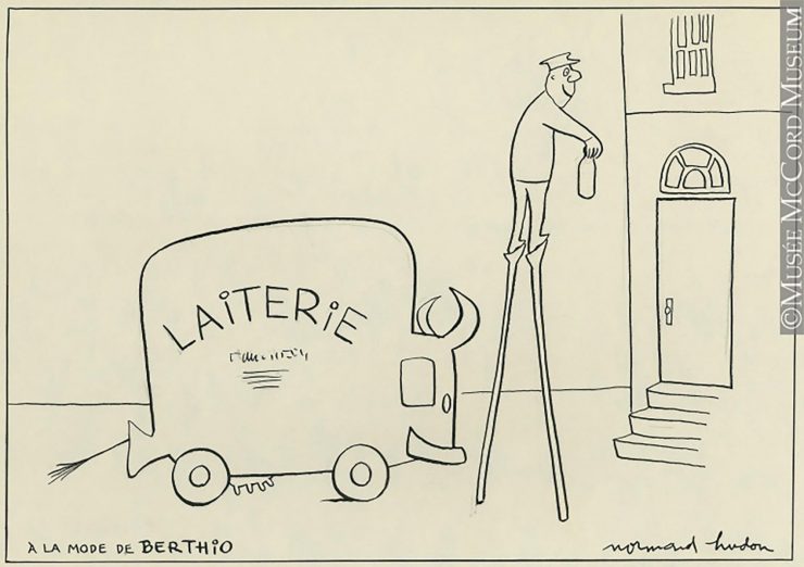 Caricature politique présentant un camion de livraison avec le mot « laiterie » sur le côté. Perché sur des échasses, un livreur apporte une bouteille de lait à la fenêtre du premier étage d’une maison.