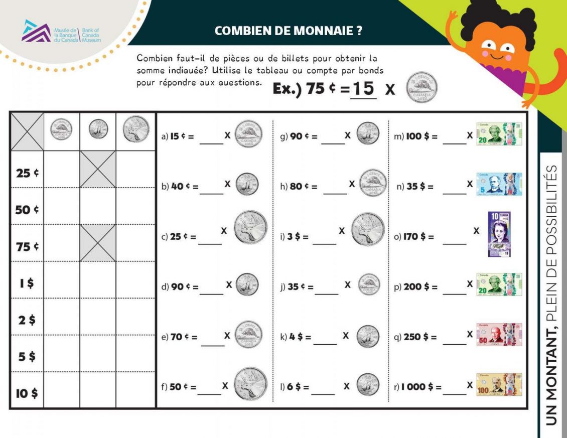 Rangées de pièces et de billets, chacune à côté d’une valeur et d’un espace libre. 

Côté gauche : 

Grille vide, rangée de différentes pièces en haut et colonnes de différentes valeurs.