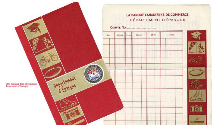 Cahier avec des colonnes et des images d’équipements sportifs, d’une machine à écrire, d’un appareil photo, etc.