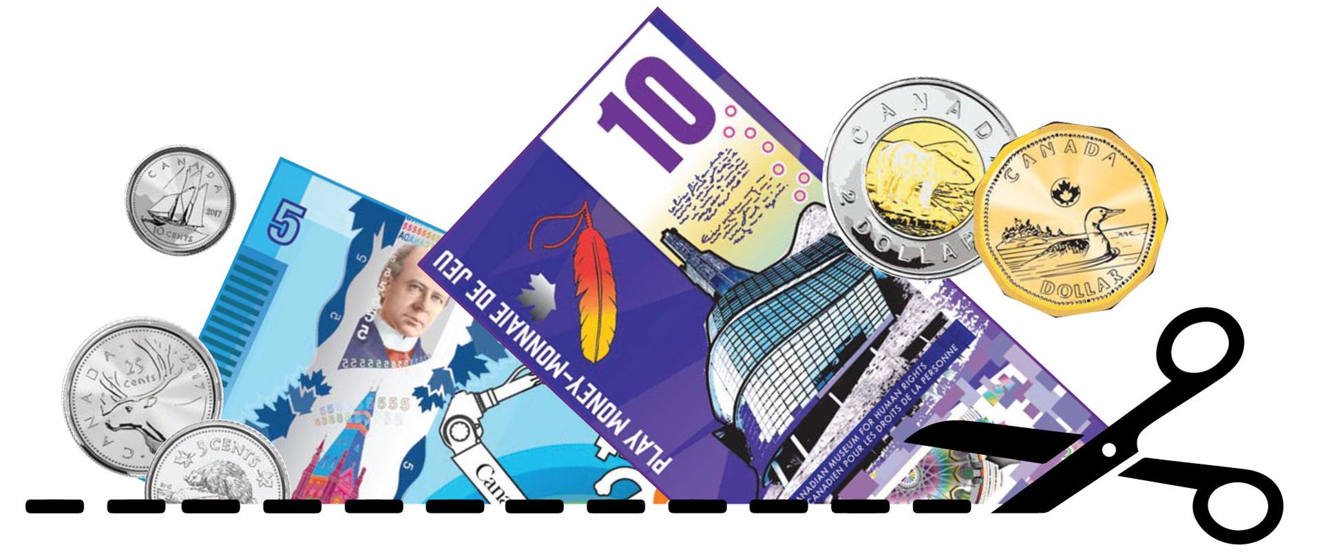 Grille d’illustrations de pièces de monnaie et de billets de banque du Canada.