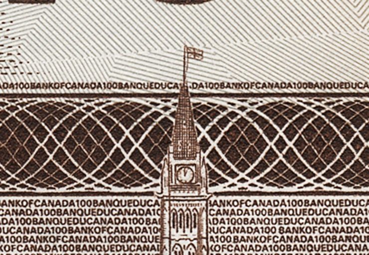 Illustration sur un billet de banque montrant en très gros plan une tour d’horloge sur laquelle est juché un minuscule drapeau.