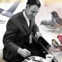 Collage, man at an easel, paintings of birds and a goose illustration with comments written on it.