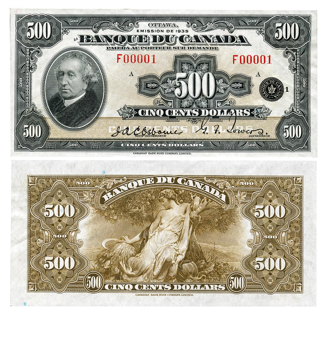 Billet de banque, motifs géométriques complexes; recto, homme presque chauve en chemise à col montant et veston à col de fourrure; verso, femme en robe avec des articles pour la récolte.