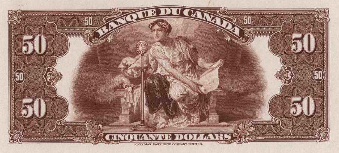 Billet de banque, billet d’essai, motifs géométriques complexes, femme vêtue d’une robe qui parle dans un microphone rond.