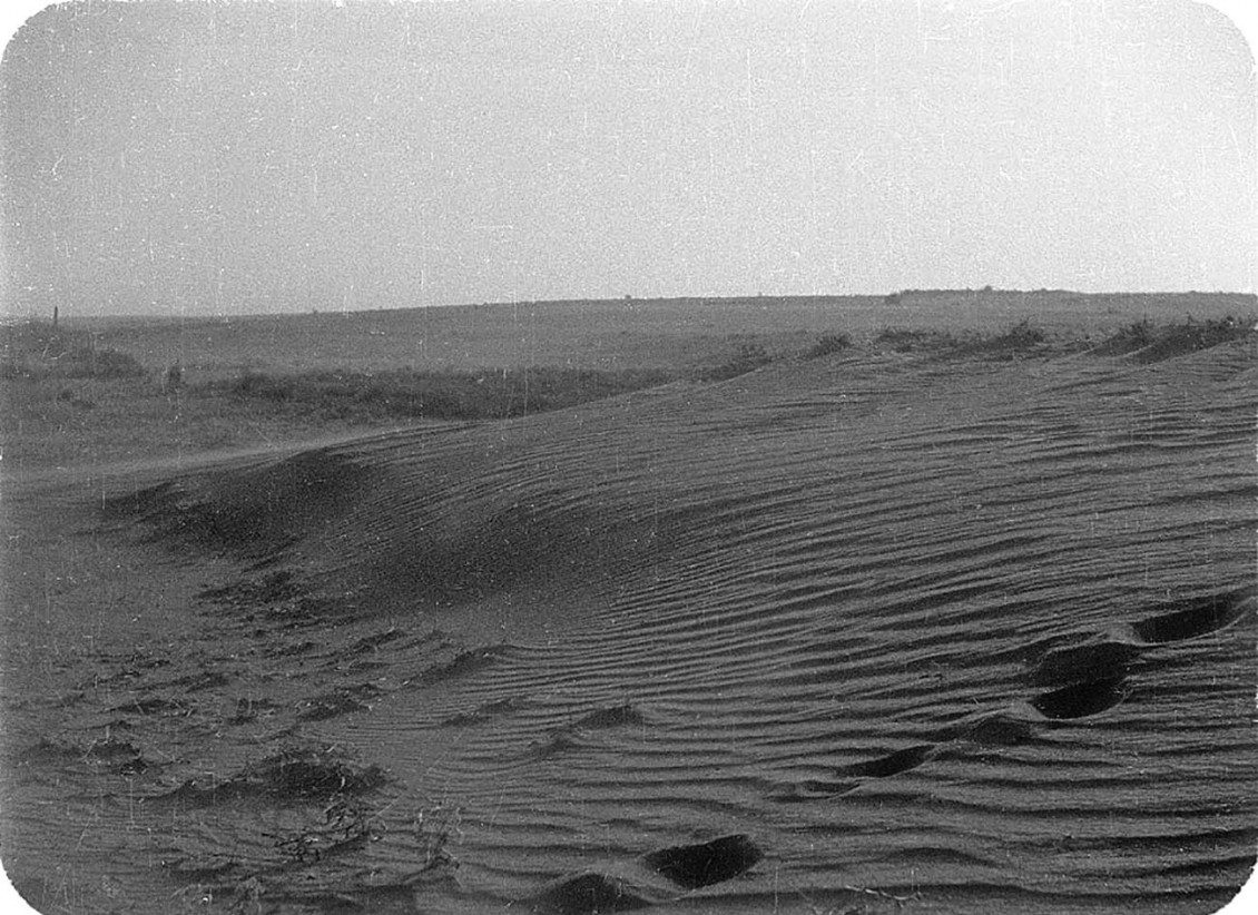 Photo, noir et blanc, paysage de prairies recouvertes de terre fouettée par le vent, sans végétation.
