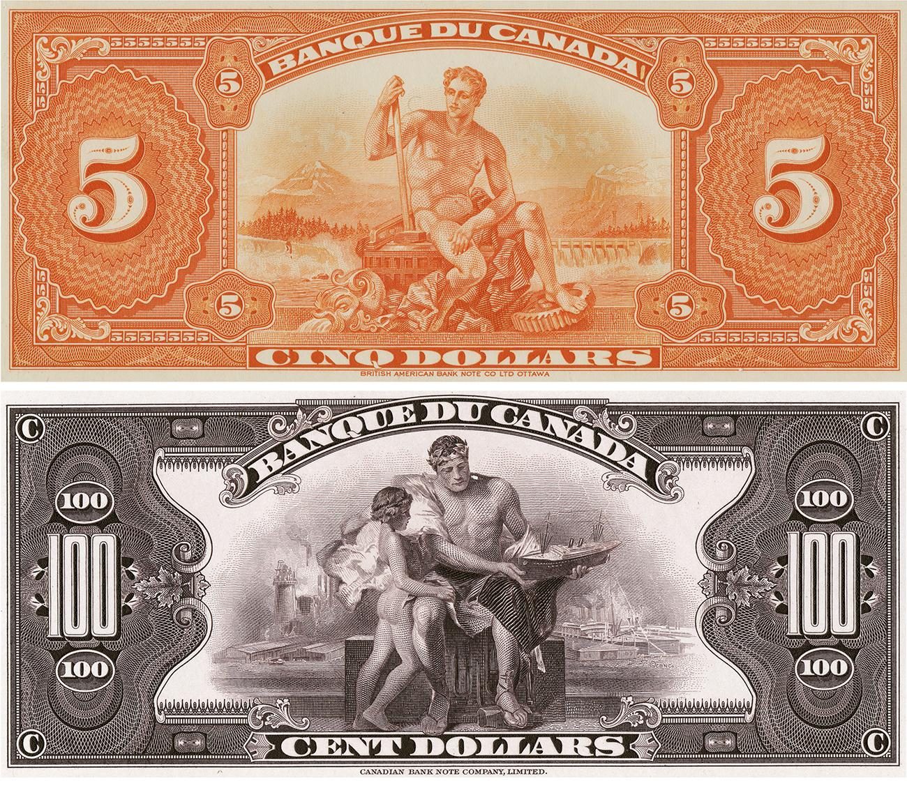 Deux billets de banque, billets d’essai, un avec un homme devant un barrage hydroélectrique, et l’autre avec un homme et un garçon devant un paysage industriel.