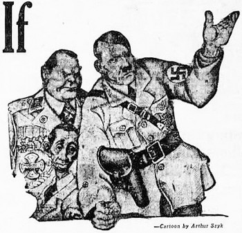 Caricature montrant trois hommes, Hitler, Goebbels et Göring, en uniforme d’officier. 