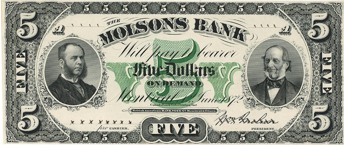 Billet de banque à l’ancienne, orné du portrait de deux hommes portant un col montant et un nœud papillon. 