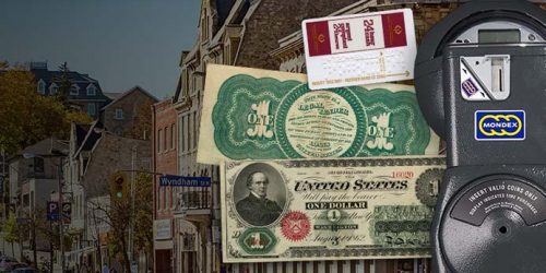 Collage d’images : un parcomètre, des anciens billets de banque et l’une des premières cartes bancaires.