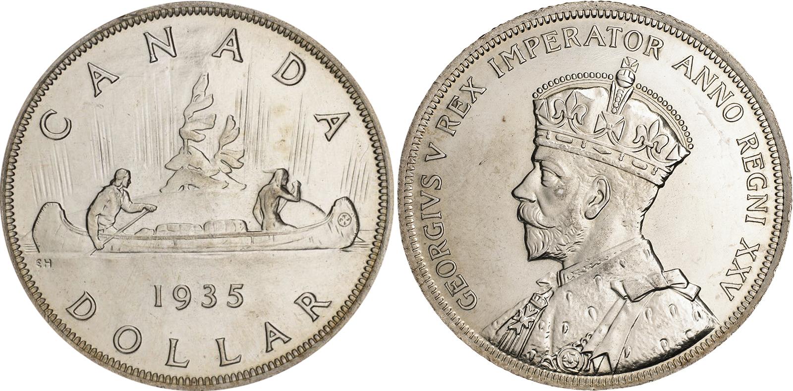 Les deux faces d’une pièce de monnaie en argent, l’une montrant deux hommes pagayant en canot devant une île et l’autre, un homme barbu portant une couronne. 