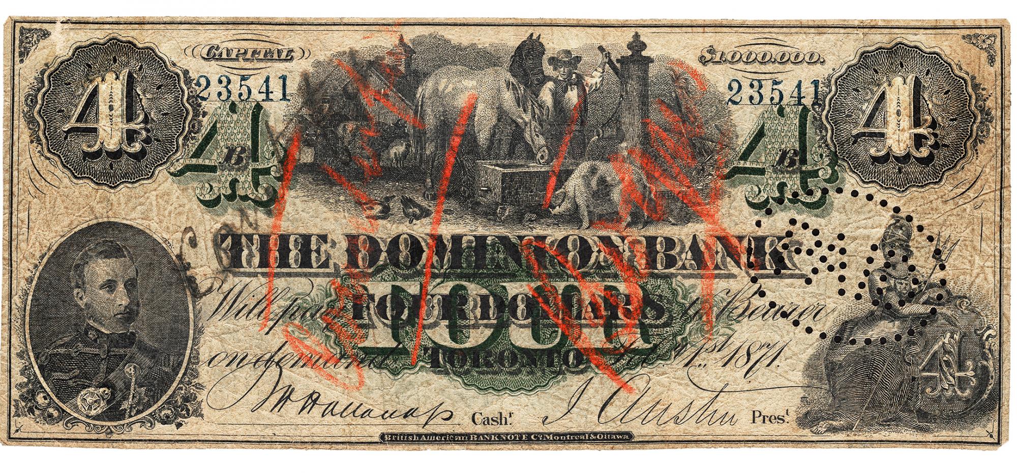 Billet de banque représentant un fermier et des animaux à l’auge, le portrait d’un militaire et une femme tenant un bouclier et un trident. 