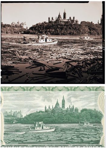 Deux images, une photographie et une gravure, représentant le même paysage : une rivière encombrée de troncs d’arbres et deux bateaux-remorqueurs.