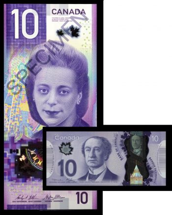 Billet de banque vertical montrant une jeune femme à côté d’une carte. Billet de banque horizontal montrant un homme presque chauve portant un col montant.