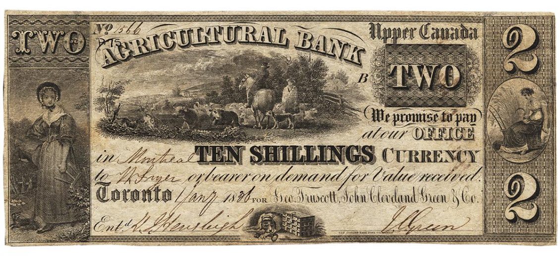 Billet de banque, papier jauni, encre noire, motifs stylisés et écriture imprimée.