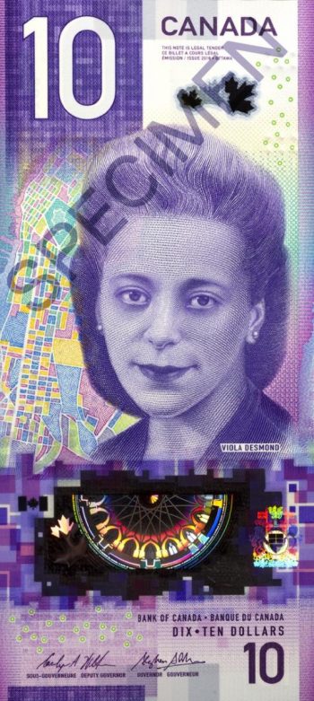 Billet vertical de couleur violette orné du portrait d’une jeune femme et d’une carte d’Halifax.