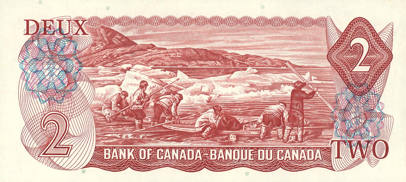 Billet de banque, paysage marin arctique, collines en arrière-plan, glace flottante et hommes préparant un kayak.