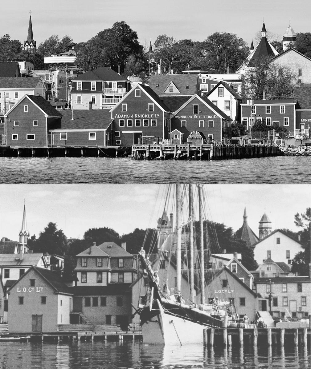 Photo en noir et blanc, quai et bâtiments en bois sur le bord de l’eau; au-dessus, une image plus ancienne du même endroit.