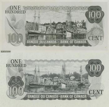 Tirages d’essai, 2 billets de banque similaires, port avec voiliers, l’un des billets montre une version recadrée de l’autre.