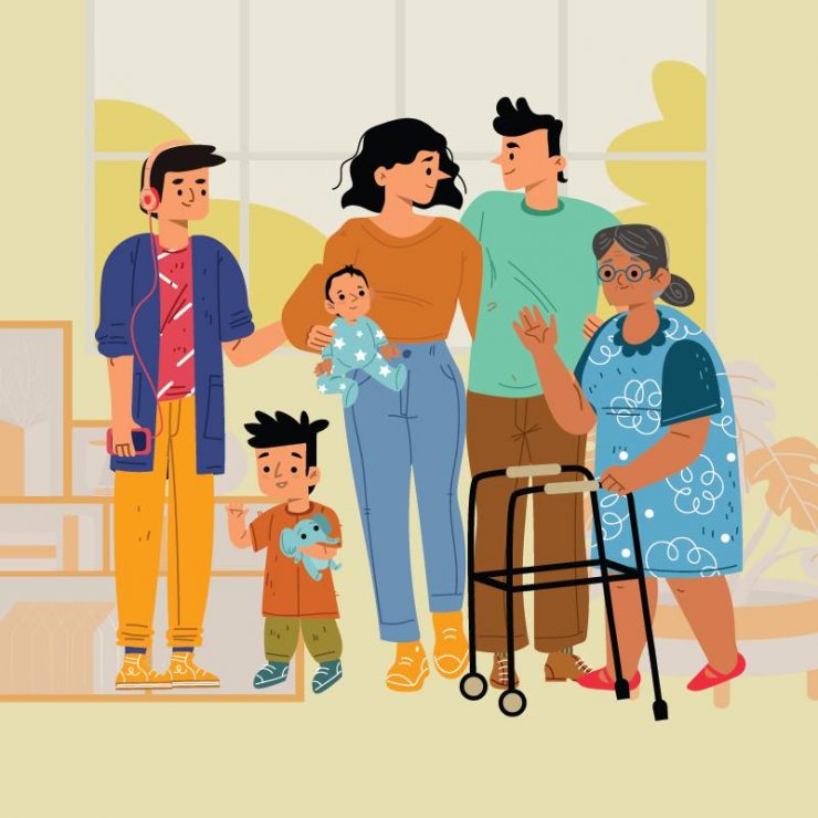 Image : Famille sud-asiatique composée d’un père, d’une mère, d’un adolescent, d’un enfant, d’un bambin et d’une grand-mère