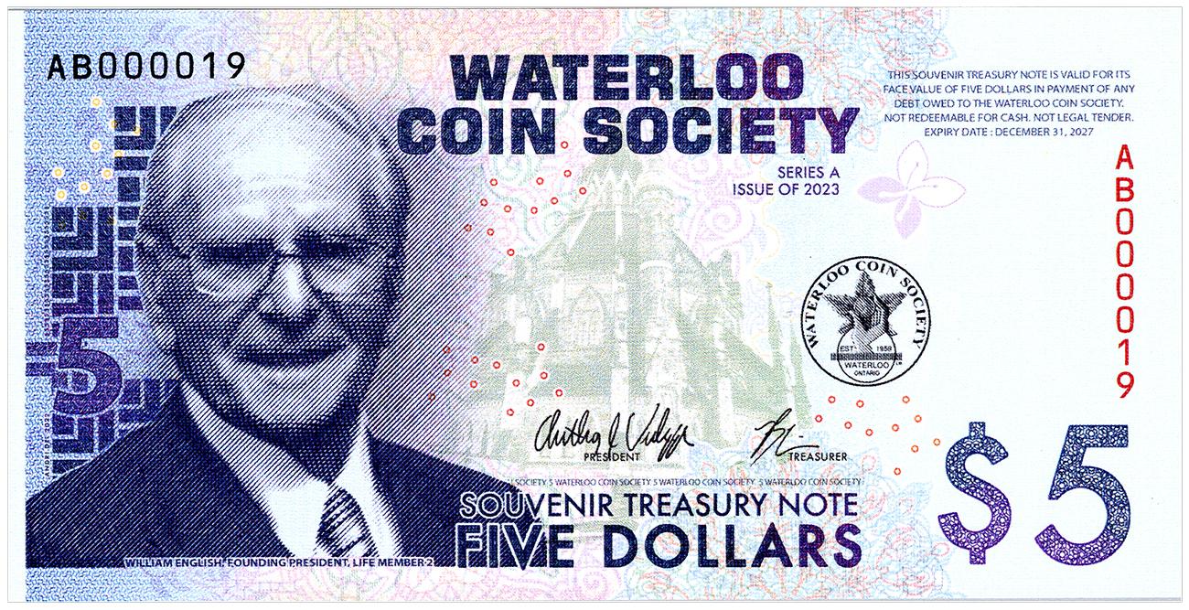 Papier-monnaie, homme blanc d’âge mûr souriant et portant un costume, encre violette.
