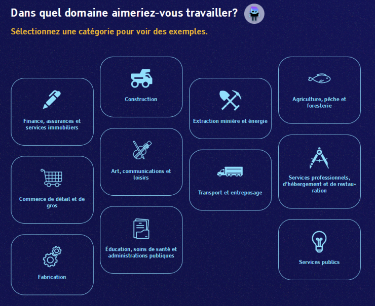 Capture d’écran d’un jeu-questionnaire où l’on voit la question « Dans quel domaine aimeriez-vous travailler? » Les 11 tuiles ci-dessous représentent différents secteurs, comme la construction, l’exploitation minière et l’énergie, les arts et les communications et le commerce de détail.