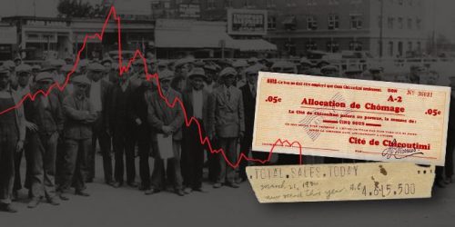 Coupon d’allocation et morceau de ruban de téléscripteur montrant les cours boursiers devant une photo en noir et blanc de chômeurs se rassemblant pour manifester dans les années 1930.