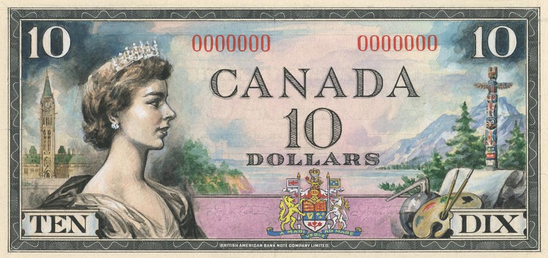 Modèle coloré de billet de 20 $ Modèle de billet de banque représentant la reine Elizabeth II coiffée d’un diadème, avec en arrière-plan un édifice gouvernemental et un paysage montagneux.