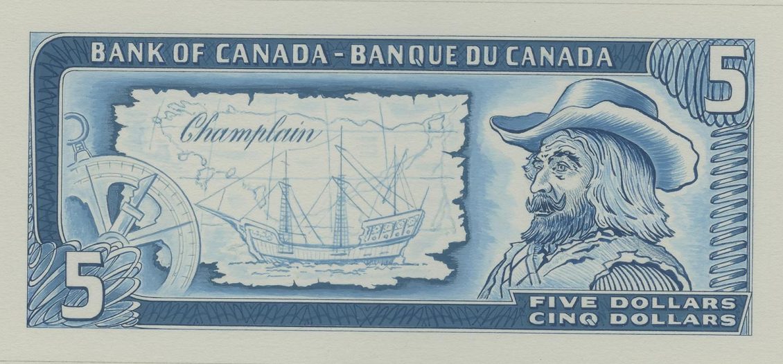 Billet d’essai de 5 $ Modèle de billet de banque illustré d’un thème nautique et orné d’un homme barbu aux cheveux longs portant un chapeau à larges bords : Champlain.
