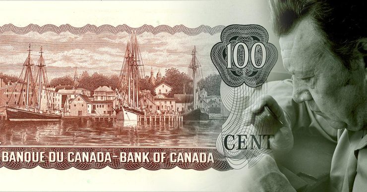 Billet de banque illustré d’un port avec de grands voiliers amarrés, la couleur s’estompant du rouge au brun.