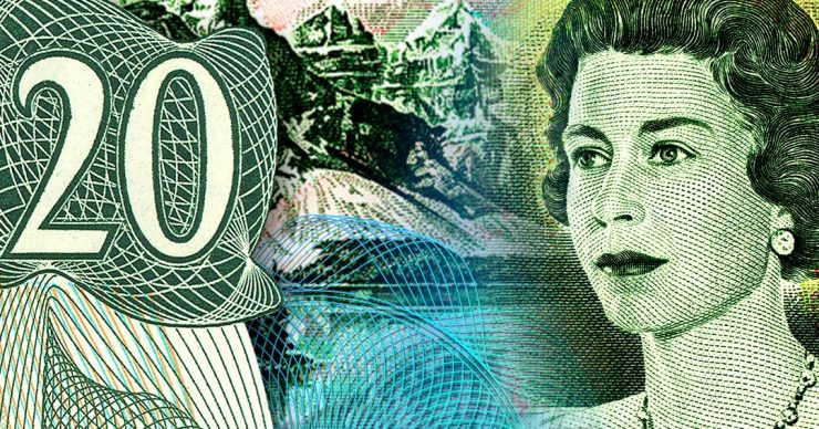 Billet de banque, vert, deux côtés, un côté avec une femme d’âge mûr portant un collier, un côté avec des montagnes et un lac.