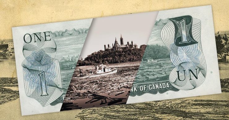 Collage, billet de banque, scène de billots flottant dans une rivière et photo du même paysage.