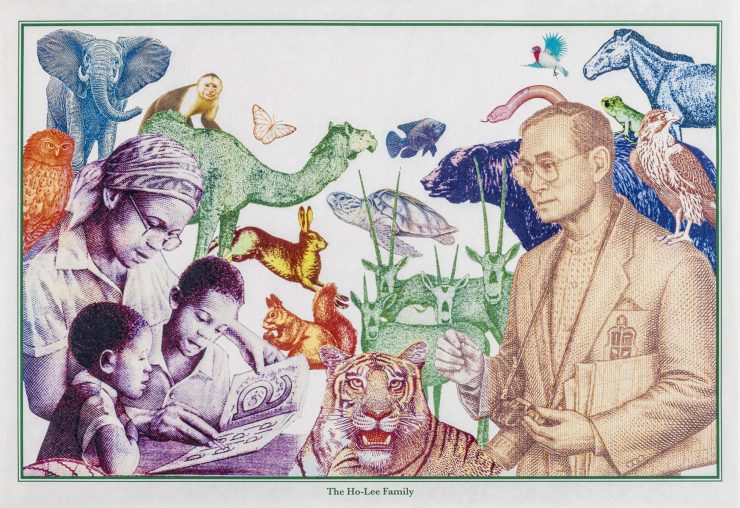 Impression, collage, images de billets, une femme, deux enfants et un homme devant divers animaux sauvages.