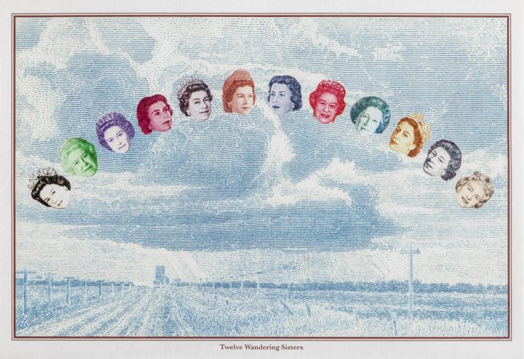 Impression, collage, images de billets, prairie et 12 visages de la reine Elizabeth en arc de cercle dans le ciel.