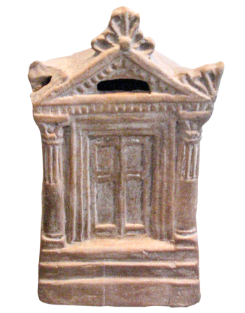 Tirelire en forme de temple Modèle réduit d’un temple en argile avec des colonnes et une fente horizontale sous le toit.