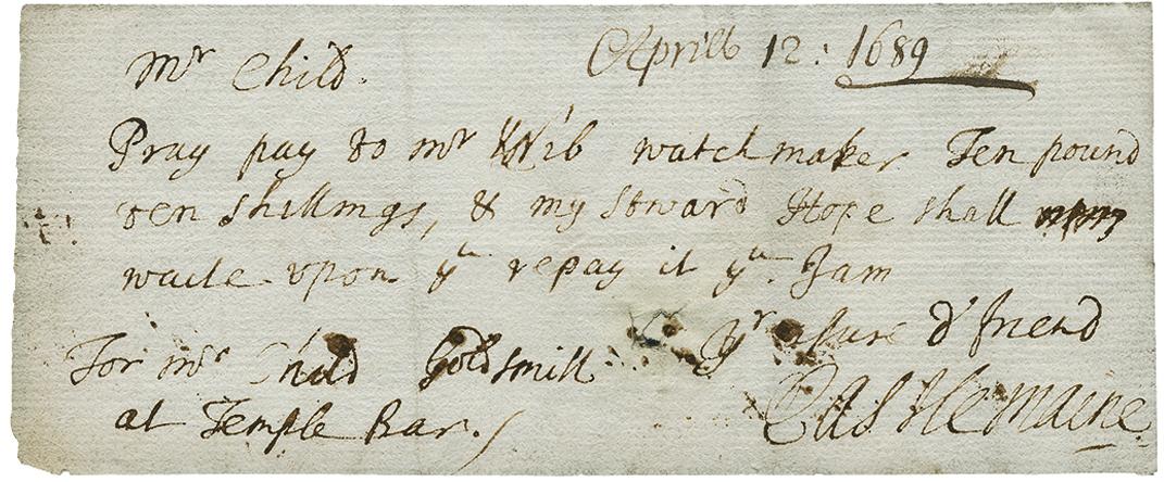 Un billet d’orfèvre Billet rudimentaire manuscrit avec une encre noire qui a viré au brun.