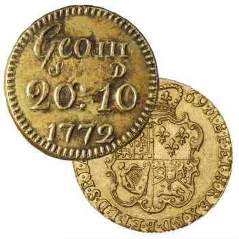 Pièce d’or et poids correspondant Poids en bronze en forme de pièce de monnaie, portant des inscriptions et une date, à cheval sur une pièce de monnaie en or, ronde et arborant des armoiries surmontées d’une couronne.