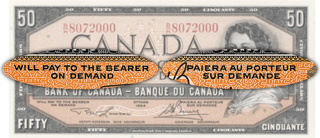 Gros plan sur des caractéristiques d’un billet Billet de banque présentant des sections agrandies pour mieux en montrer les mentions légales.