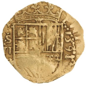 Pièce d’or Pièce d’or rudimentaire, de forme ronde irrégulière et estampillée d’armoiries.
