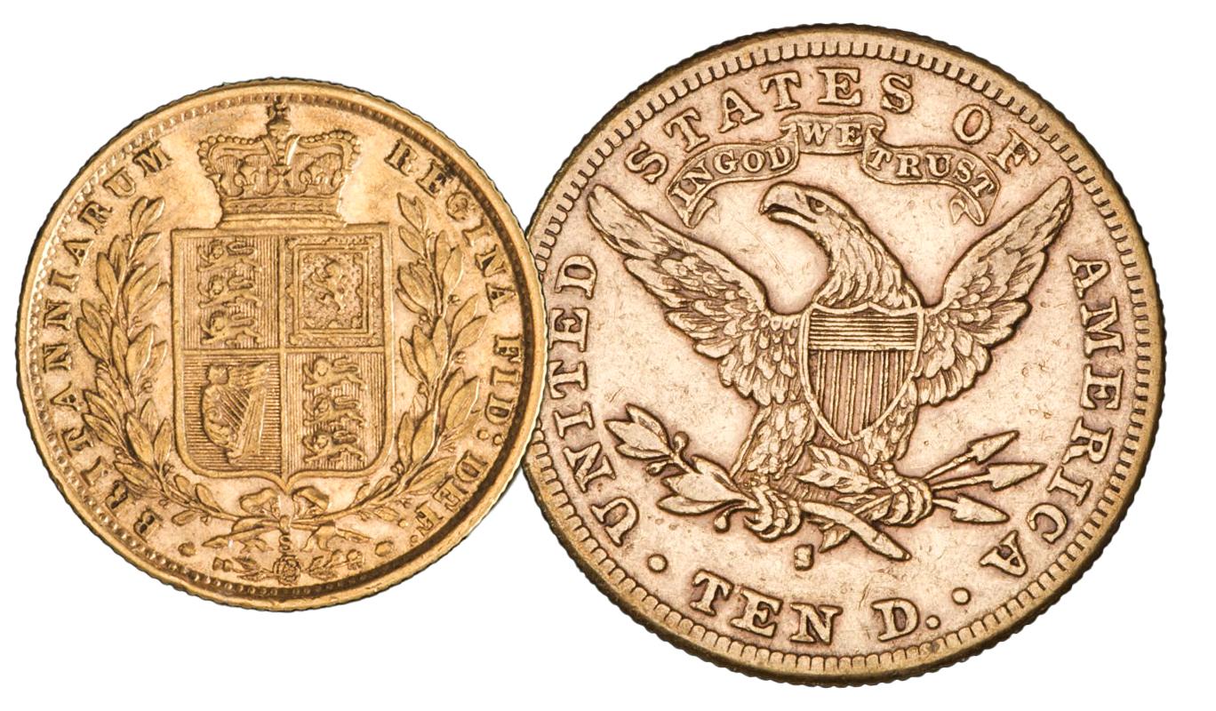 Deux pièces en or, canadienne et américaine Deux pièces en or, l’une avec des armoiries raffinées, l’autre avec un aigle aux ailes déployées.