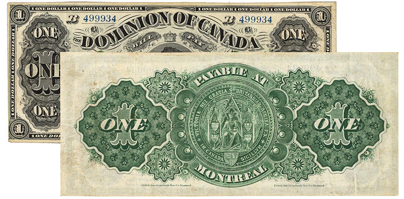 Billet du Dominion du Canada Vieux billet de banque, encre noire au recto, motifs géométriques circulaires extrêmement complexes à l’encre verte au verso.