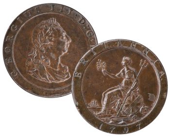 Pièce de monnaie, avers et revers, cuivre, tête d’un homme portant des lauriers, femme casquée assise sur un trône. 