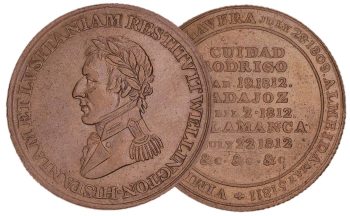 Jeton, rond, profil d’un homme en uniforme militaire sur l’avers, liste de noms de lieux espagnols sur le revers. 