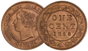 Pièce de monnaie, cuivre, profil d’une femme portant des lauriers sur l’avers, lettres majuscules et couronne de feuilles d’érable sur le revers. 