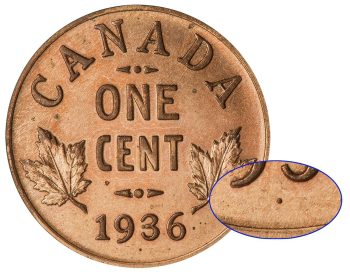 Pièce de monnaie, cuivre, lettres majuscules, deux feuilles d’érable stylisées bordant les lettres, minuscule point sous l’année. 