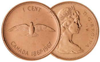 Pièce de monnaie, cuivre, revers montrant le dessous d’un oiseau en vol, avers montrant une jeune reine qui porte une petite couronne. 