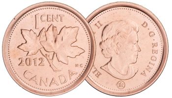 Pièce de monnaie, cuivre, revers montrant deux feuilles d’érable sur une brindille, avers montrant le profil de la reine portant une petite couronne. 